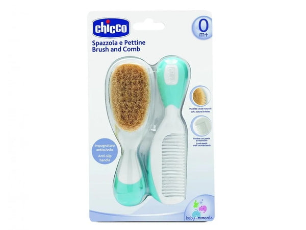 Chicco set brush with natural bristles + blue comb 0 m+