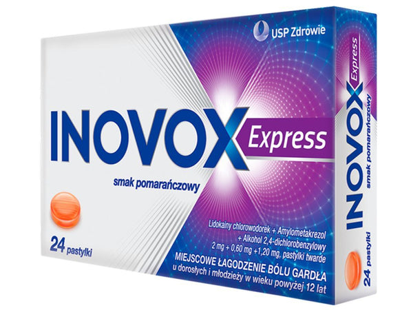 Relief of sore throat in adults Inovox Express orange flavor 24 lozenges