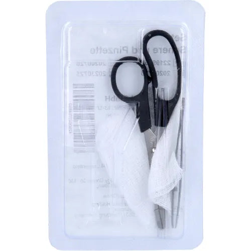 Sterile thread removal set with scissors and tweezers