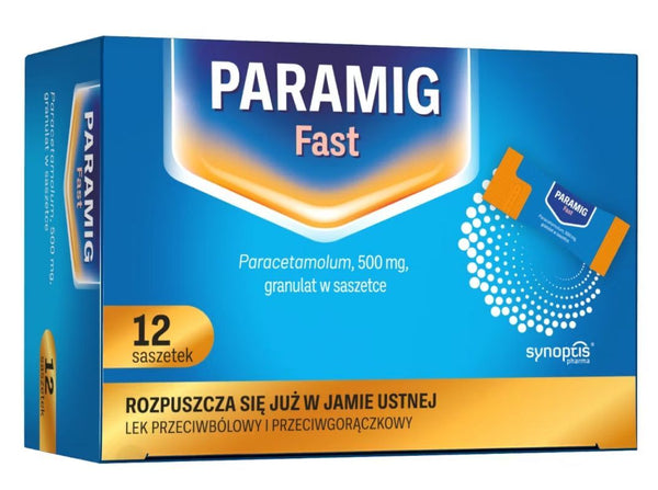 Treatment of pain and fever Paramig Fast 500 mg 12 sachets