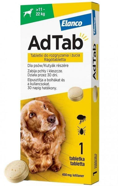 AdTab 450 mg, chewable tablet against fleas and ticks for dogs, weighing 11 kg-22 kg UK