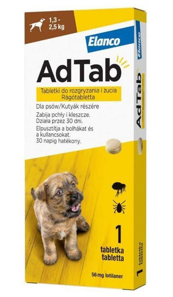 AdTab 56 mg, chewable tablet against fleas and ticks for dogs, weighing 1.3 - 2.5 kg UK