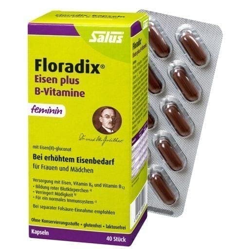 FLORADIX iron plus B vitamins, iron deficiency, anemia, capsules UK