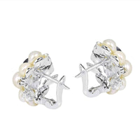 Handmade Cluster Pearl Cubic Zirconia .925 Silver Saddleback Earrings (Thailand) UK