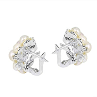 Handmade Cluster Pearl Cubic Zirconia .925 Silver Saddleback Earrings (Thailand) UK