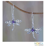 Handmade Enchanted Dragonfly Purple Amethyst Round Gems Set in 925 Sterling Silver Womens Dangle Earrings UK