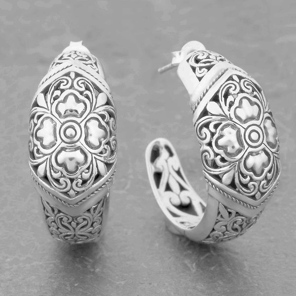Handmade Sterling Silver 'Floral Paradise' Half Hoop Cawi Earrings (Indonesia) UK