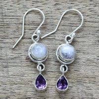 Handmade Sterling Silver 'Purple Droplets' Amethyst Rainbow Moonstone Earrings (India) UK