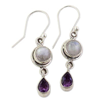 Handmade Sterling Silver 'Purple Droplets' Amethyst Rainbow Moonstone Earrings (India) UK