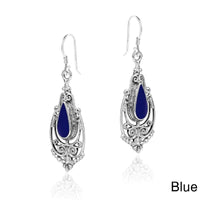 Handmade Victorian Teardrop Stone Inlay .925 Silver Dangle Earrings (Thailand) UK