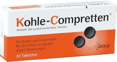 KOHLE Compretten, diarrhea, acute oral poisoning, Medicinal charcoal UK