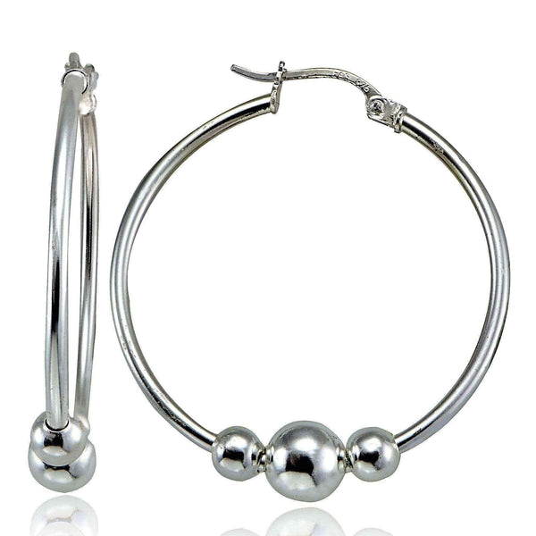 Mondevio High Polished 3 Bead Round Hoop Earrings, 28mm UK