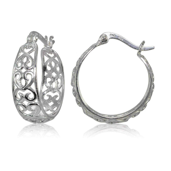 Mondevio Sterling Silver High Polished Heart Filigree Hoop Earrings UK
