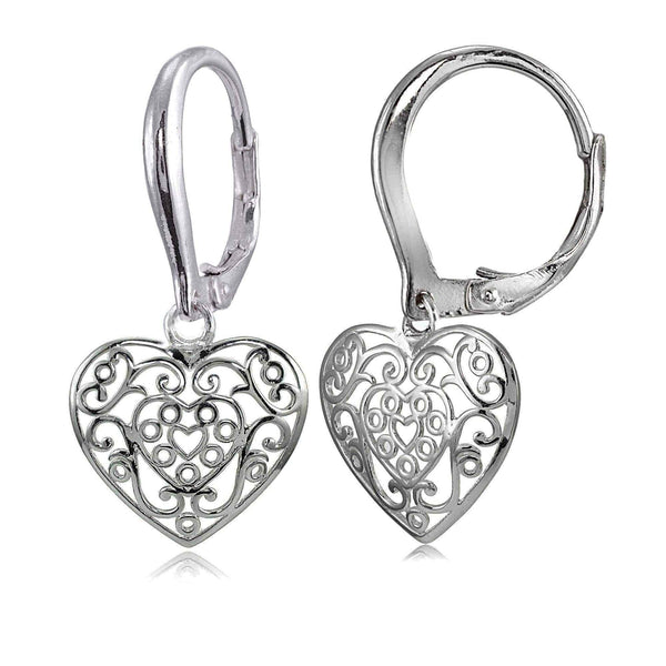 Mondevio Sterling Silver High Polished Heart Filigree Leverback Earrings UK