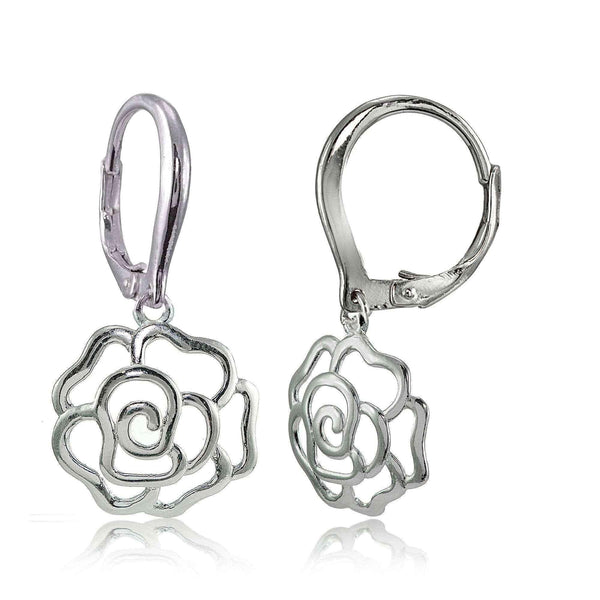 Mondevio Sterling Silver High Polished Open Rose Leverback Earrings UK