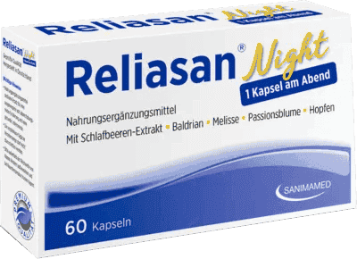 RELIASAN Night capsules, valerian, lemon balm, passion flower, hop extract UK