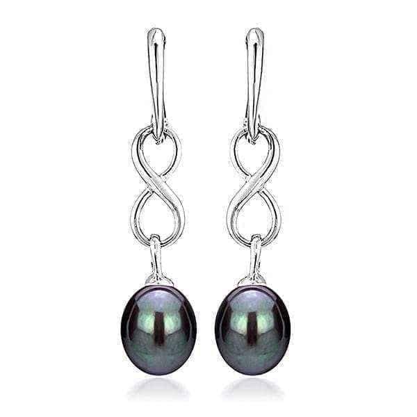 Sterling Silver 8.5-9mm Long Shape Black Freshwater Pearl Infinity Dangle Earrings UK