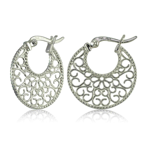 Sterling Silver High Polished Floral Filigree Round Flat Earrings UK