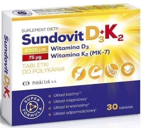 Sundovit D3 + K2 x 30 tablets vitamin D, K (MK-7) menaquinone UK