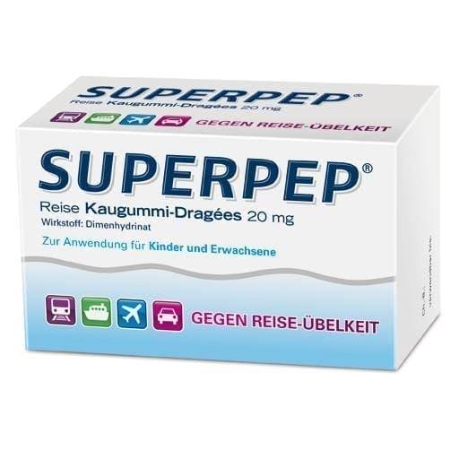 SUPERPEP travel chewing gum coated tablets 20 mg 20 pc, dimenhydrinate UK