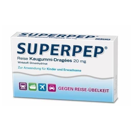 SUPERPEP travel chewing gum, dimenhydrinate coated tablets 20 mg 10 pc UK