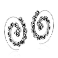 Tribal Wave Swirl Sterling Silver Spiral Pierce Hoop Earrings UK