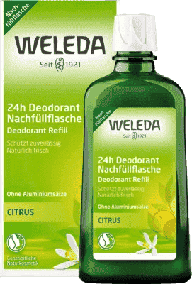 WELEDA Citrus 24h deodorant refill bottle, triethyl citrate, lemon oil UK
