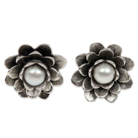 White Eyed Lotus Elegant White Freshwater Pearls with Flower Setting of 925 Sterling Silver Stud Earrings (Indonesia) UK