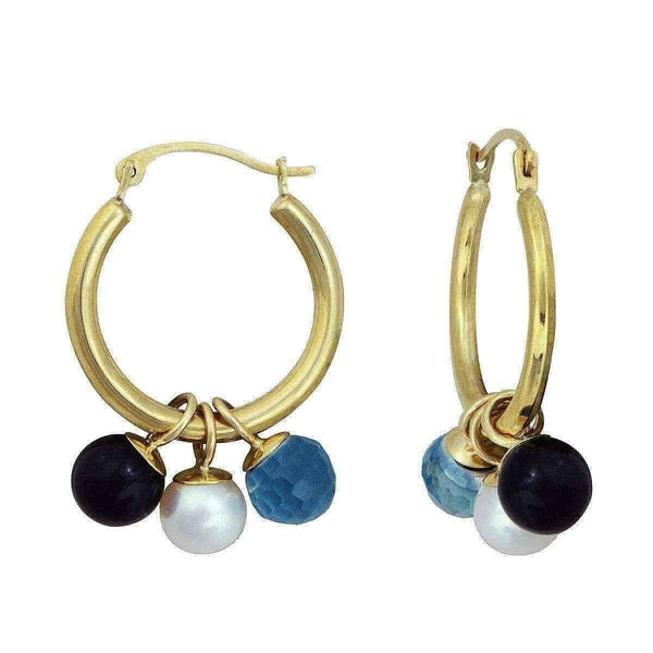 10k gold Pearl Earrings, Black Onyx, and Blue Topaz Hoop UK