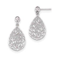 14 karat white gold earrings Polished Filigree Teardrop Post Dangle UK