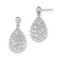 14 karat white gold earrings Polished Filigree Teardrop Post Dangle UK