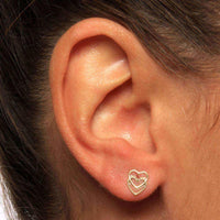 14k Yellow Gold Double Heart Stud Earrings UK